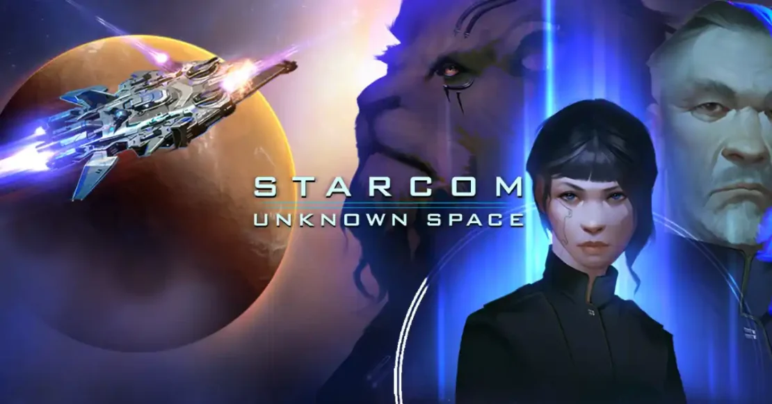 Spaceship flying near a planet with three faces and the text 'STARCOM UNKNOWN SPACE'