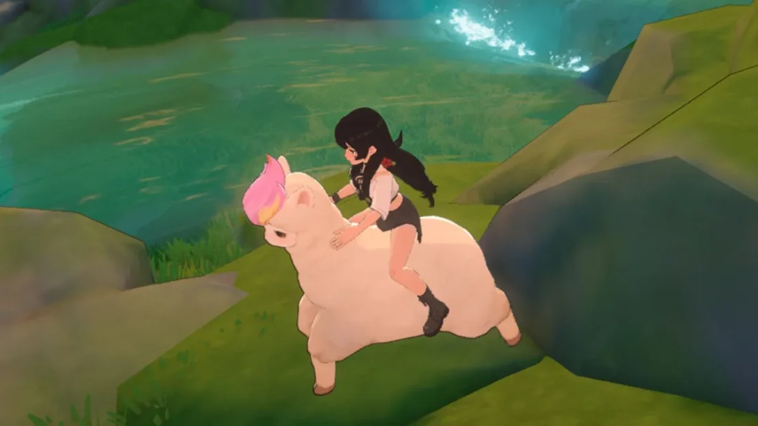 Child with black hair riding a large pale four-legged mythical creature with a pink mane beside water and rocks.