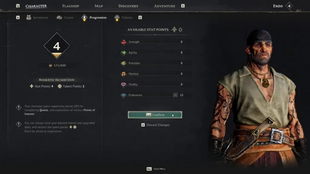 Windrose Stats: Game character with blurred face next to a progression menu showing attributes and talent points