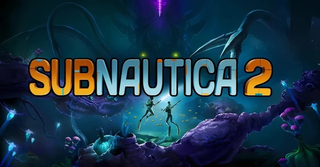 Underwater scene with two divers and the large text 'SUBNAUTICA 2'