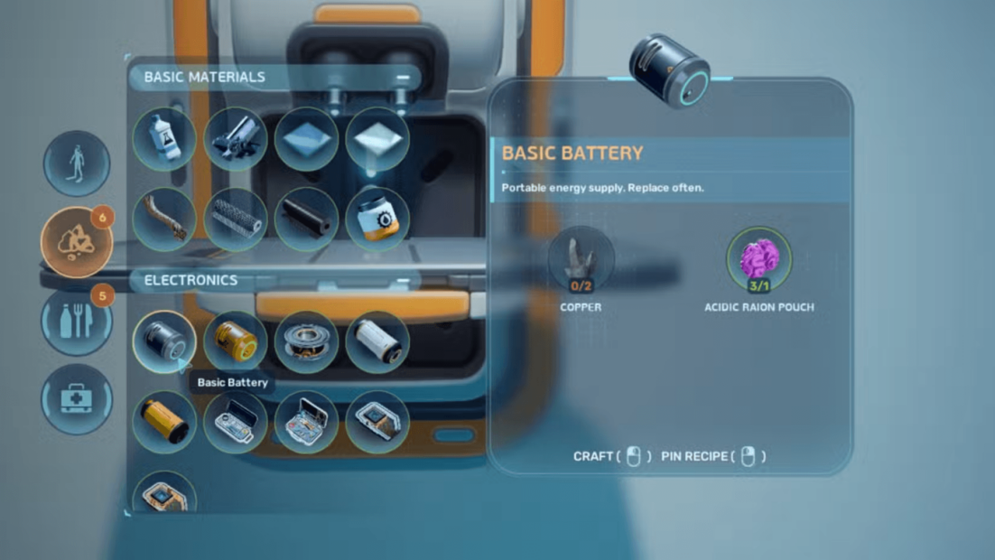 Game interface showing an open inventory window with basic materials and electronics components including a selected basic battery with description and required resources.