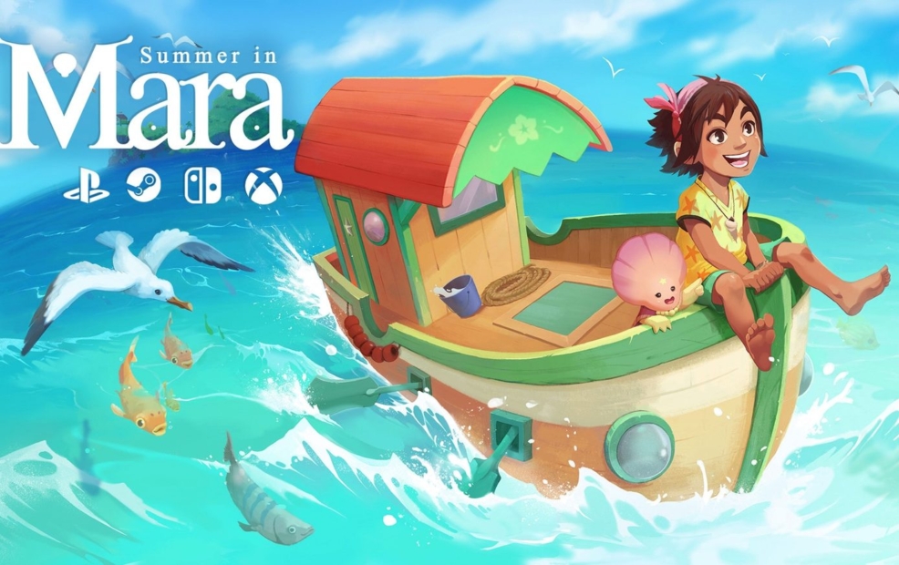 Child sitting on a small boat with a red roof in the sea surrounded by fish and a seagull