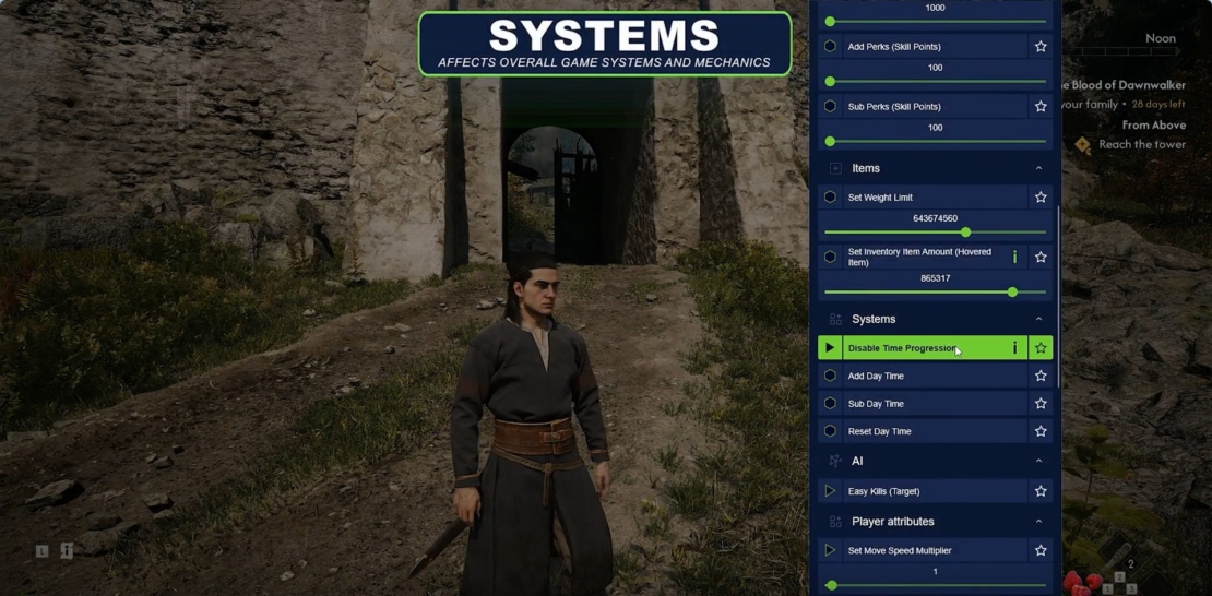 The Blood of Dawnwalker Mods: Spielfigur steht vor einer steinernen Burgmauer neben einem geöffneten Menü mit Systemeinstellungen und der Option "Disable Time Progression"
