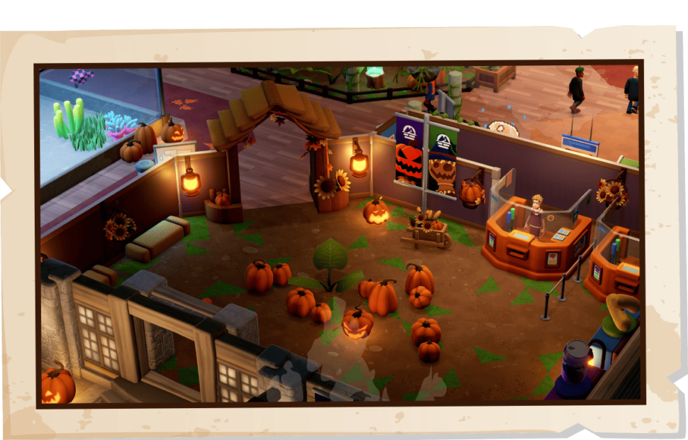 Innenraum mit herbstlicher Dekoration, Kürbissen und Lampen, Tresen mit zwei Personen, Holzboden und Sitzbereich.