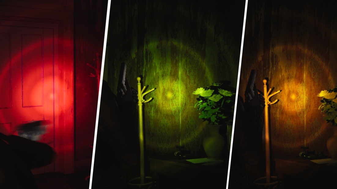Three side-by-side photos show a coat rack in front of a wall with changing colored lighting in red, green, and orange.
