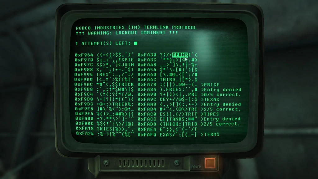 In Fallout 4 hacken: Grüner Text auf schwarzem Bildschirm eines alten Computerterminals mit Warnhinweis und mehreren Einträgen, darunter 'TERMS' und 'Entry denied'