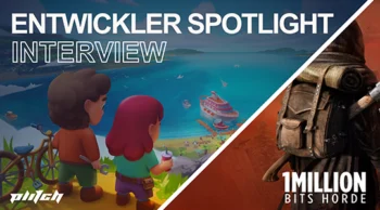 Zwei animierte Figuren blicken auf eine Küstenlandschaft mit einem Kreuzfahrtschiff. Rechts ist eine Figur mit Kapuze und Rucksack zu sehen. Text: 'ENTWICKLER SPOTLIGHT INTERVIEW' und '1 MILLION BITS HORDE'.