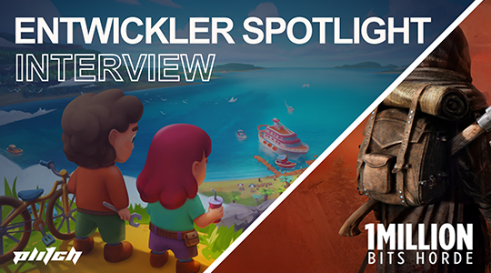 Zwei animierte Figuren blicken auf eine Küstenlandschaft mit einem Kreuzfahrtschiff. Rechts ist eine Figur mit Kapuze und Rucksack zu sehen. Text: 'ENTWICKLER SPOTLIGHT INTERVIEW' und '1 MILLION BITS HORDE'.