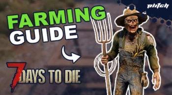 Zombie wearing a straw hat holding a pitchfork in front of a blurred background with text 'FARMING GUIDE' and '7 DAYS TO DIE'