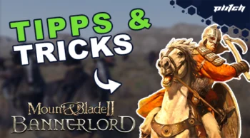 Reiter in orangefarbener Rüstung auf weißem Pferd, daneben der Text 'TIPPS & TRICKS' und 'Mount & Blade II Bannerlord'.