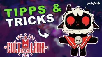 Figur mit schwarzem Gesicht, roten Augen und weißem Fell trägt rotes Halstuch mit Totenkopfmotiv neben dem Text 'TIPPS & TRICKS' und dem Logo 'CULT OF THE LAMB'