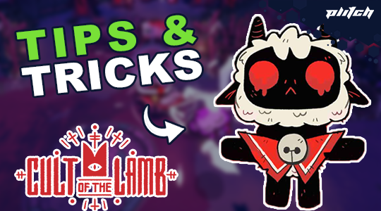 Figure with black face, red eyes, and white fur wearing a red bandana with skull motif next to the text 'TIPS & TRICKS' and the logo 'CULT OF THE LAMB'