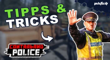 Polizist mit erhobener Hand und gelber Warnweste vor unscharfem Hintergrund mit Text 'TIPPS & TRICKS' und 'CONTRABAND POLICE'