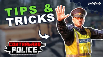 Police officer wearing a yellow safety vest with one hand raised in front of a blurred background with text 'TIPS & TRICKS' and 'CONTRABAND POLICE'
