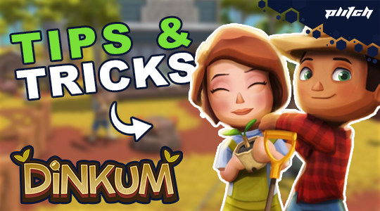 Dinkum game characters holding a plant and a shovel
