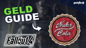 Flaschenverschluss mit dem Schriftzug 'Nuka Cola' neben dem Text 'GELD GUIDE' und dem Logo von Fallout 4