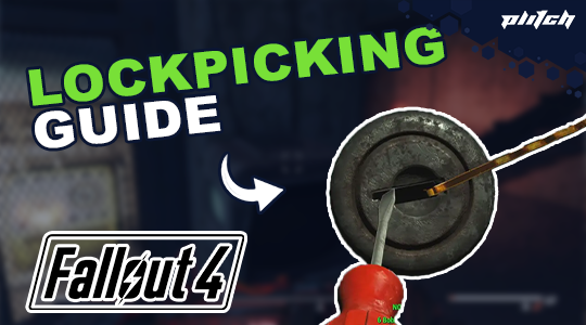 Close-up of a lock with a lockpicking tool and the text 'LOCKPICKING GUIDE' and 'Fallout 4'.