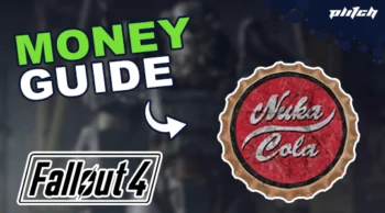 Bottle cap with the text 'Nuka Cola' next to the words 'MONEY GUIDE' and the Fallout 4 logo