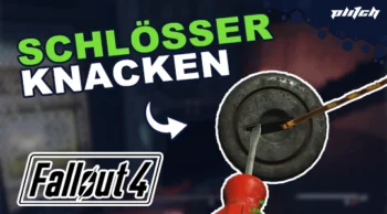 Nahaufnahme eines runden Schlosses mit einem Dietrich und einem roten Handschuh, darüber der Text 'SCHLÖSSER KNACKEN' und das Logo 'Fallout 4'