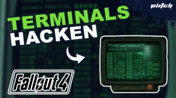 Grüner Text 'TERMINALS HACKEN' über einem Bildschirm mit grünem Text und dem Logo 'Fallout 4'
