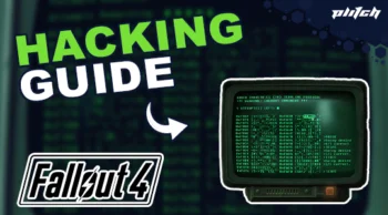 Green text 'HACKING GUIDE' next to a screen showing green text and the 'Fallout 4' logo
