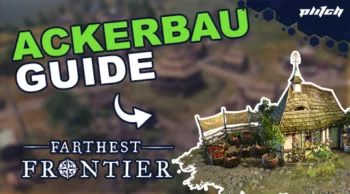 Kleines Bauernhaus mit Strohdach, umgeben von Pflanzen und Töpfen, daneben der Text 'ACKERBAU GUIDE' und 'FARTHEST FRONTIER'.