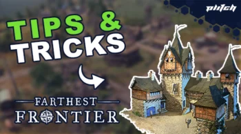 Several medieval-style buildings with towers and battlements, above them the text 'TIPS & TRICKS' in green and white, below 'FARTHEST FRONTIER' with a compass rose.