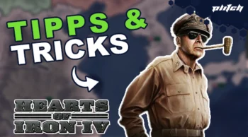 Ein Mann in Militäruniform mit einer Pfeife im Mund steht im Vordergrund. Links steht 'TIPPS & TRICKS' in grüner Schrift. Unten steht 'HEARTS OF IRON IV' in schwarzer Schrift.