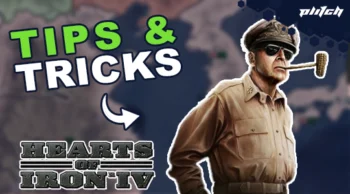 A man in military uniform with a pipe in his mouth stands in the foreground. 'TIPS & TRICKS' is displayed in green text on the left. 'HEARTS OF IRON IV' is shown in black text at the bottom.