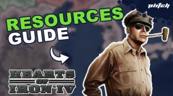 A man in a beige military uniform stands on the right, with the text 'RESOURCES GUIDE' on the left and the 'HEARTS OF IRON IV' logo below.