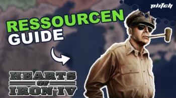 Ein Mann in einer beigen Militäruniform steht rechts, links der Text 'RESSOURCEN GUIDE' und darunter das Logo 'HEARTS OF IRON IV'.