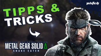 Text 'TIPPS & TRICKS' in bold green letters with an arrow pointing left. Below, 'METAL GEAR SOLID Δ SNAKE EATER' in white letters on a dark background.