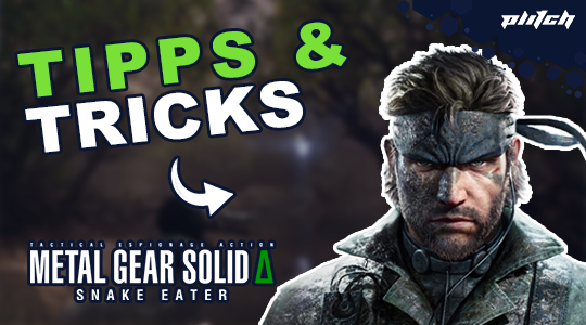 Text 'TIPPS & TRICKS' in bold green letters with an arrow pointing left. Below, 'METAL GEAR SOLID Δ SNAKE EATER' in white letters on a dark background.