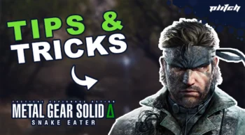 Text reads 'TIPS & TRICKS' in large green letters, with 'METAL GEAR SOLID Δ SNAKE EATER' in smaller white text below. A blurred face is partially visible.