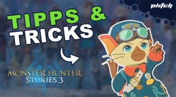 Zeichnung einer Katze mit Pilotenbrille und blauem Outfit neben dem Text 'TIPPS & TRICKS' und dem Logo von 'MONSTER HUNTER STORIES 3 - WISTED REILOSION'