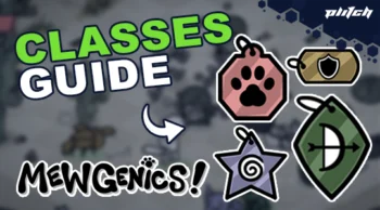 Four colorful icons (paw print, shield, star, bow) next to the text 'CLASSES GUIDE' and 'MEWGENICS!' on a blurred patterned background.