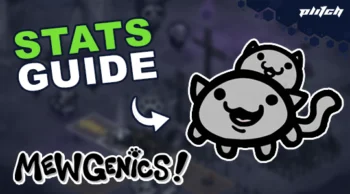 Grafik mit zwei stilisierten Katzenfiguren, dem Text 'STATS GUIDE' in Großbuchstaben und 'MEWGENICS!' in verspielter Schrift, dazu ein Pfeil und das Logo 'phich'