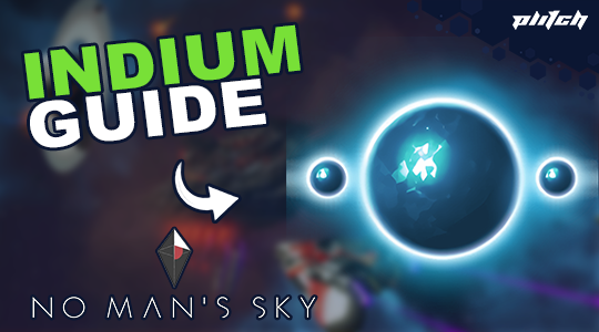 The text 'INDIUM GUIDE' in green font on a blurred background. Below is 'NO MAN'S SKY' in white font. A diamond symbol and a stylized planet are visible.