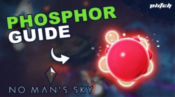 Runder, roter Ball mit leuchtenden, weißen Umrissen. Text 'PHOSPHOR GUIDE' in grüner und weißer Schrift. Logo von 'No Man's Sky' in der unteren linken Ecke.