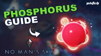 Red, round ball with small bumps next to an arrow. Text: 'PHOSPHORUS GUIDE'. Bottom left features the 'NO MAN'S SKY' logo.
