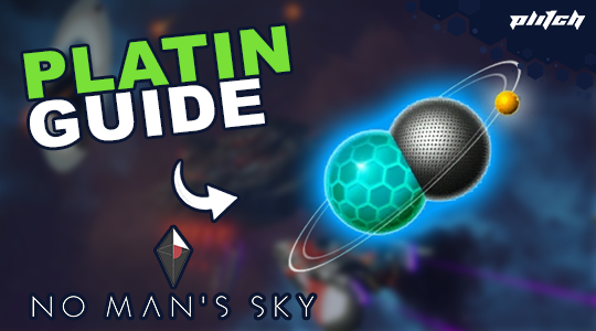 Das Bild zeigt den Titel 'PLATIN GUIDE' in großen, grünen Buchstaben. Darunter befindet sich ein Pfeil, der auf eine grafische Darstellung von zwei Planeten und einem Atommodell zeigt. Unten steht 'NO MAN'S SKY' in einer klaren Schrift. Links ist ein Symbol in Form eines Diamanten zu sehen.