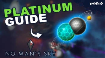 The text 'PLATINUM GUIDE' in large green letters on a blurred background. Bottom left is the 'No Man's Sky' logo and an arrow pointing to a graphic representation of planets.