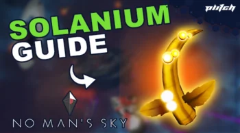 The image features a graphic with the text 'SOLANIUM GUIDE' in green. Below it is 'NO MAN'S SKY' in white. On the left, there is a diamond-shaped symbol.