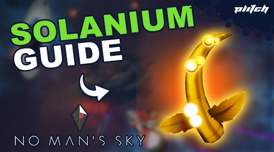 Das Bild zeigt eine Grafik mit dem Text 'SOLANIUM GUIDE' in grüner Schrift. Darunter steht 'NO MAN'S SKY' in weißer Schrift. Links ist ein Symbol in Form eines Diamanten zu sehen.