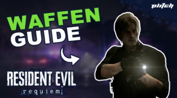 Mann mit Waffe in dunkler Kleidung vor unscharfem Hintergrund mit dem Text 'WAFFEN GUIDE' und 'RESIDENT EVIL requiem'
