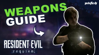 Man holding a weapon in dark clothing against a blurred background with the text 'WEAPONS GUIDE' and 'RESIDENT EVIL requiem'