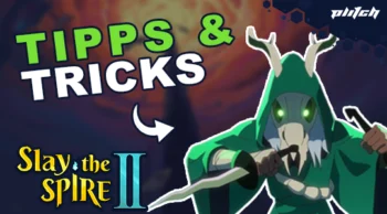 Figure wearing green cloak and antler mask holding a dagger next to the text 'TIPPS & TRICKS' and 'Slay the Spire II'