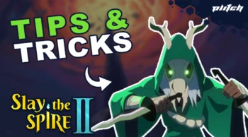 Figure wearing green cloak and antler mask holding a dagger next to the text 'TIPS & TRICKS' and 'Slay the Spire II'