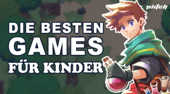 Illustration eines jungen Charakters mit grünem Umhang und Handschuhen, der eine rote Kugel hält, vor einem unscharfen Hintergrund mit der Schrift 'DIE BESTEN GAMES FÜR KINDER'