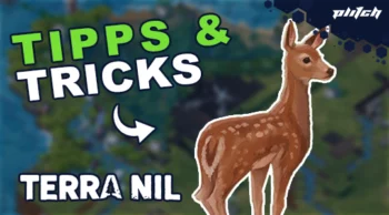 Junges Reh neben dem Text 'Tipps & Tricks Terra Nil' mit Pfeil, Hintergrund unscharf